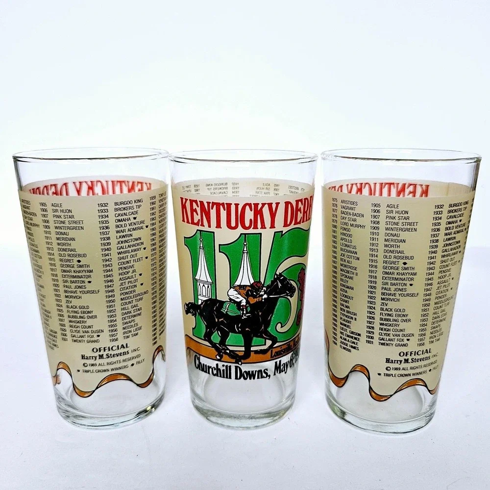 1989 Kentucky Derby 115 Mint Julep Glasses Set of 3 Churchill Downs Horse Racing